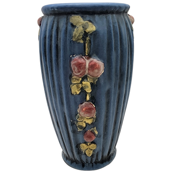Vintage Weller Pottery Vase Blue Pleated Drapery With Vine Pink Roses 7” VG Cond - Picture 3 of 7